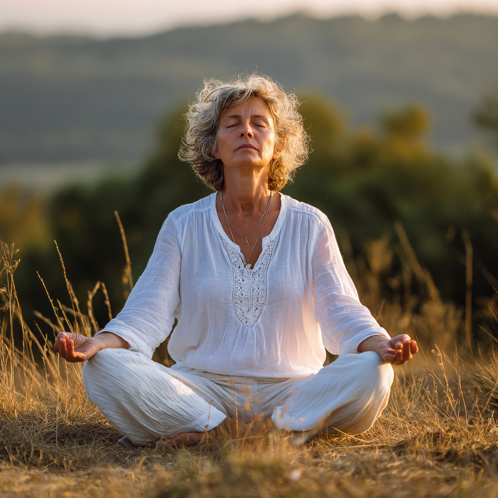 Peaceful Ukrainian woman in her 50s practicing yoga in a serene natural setting, sitting in lotus position with eyes closed, wearing white comfortable clothing, surrounded by soft morning light