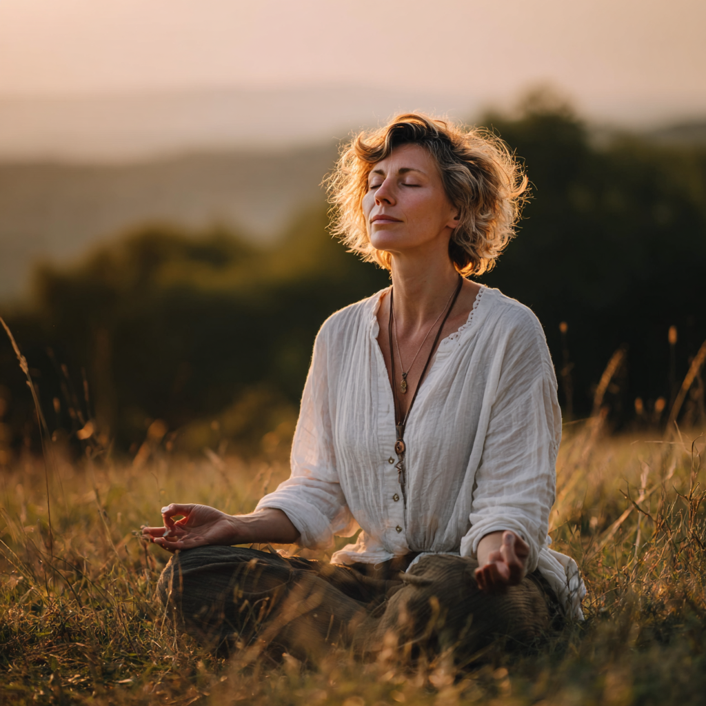 Confident Ukrainian woman in her 40s in a flowing yoga pose, embodying grace and strength, wearing earth-toned yoga attire, practicing outdoors with soft natural background